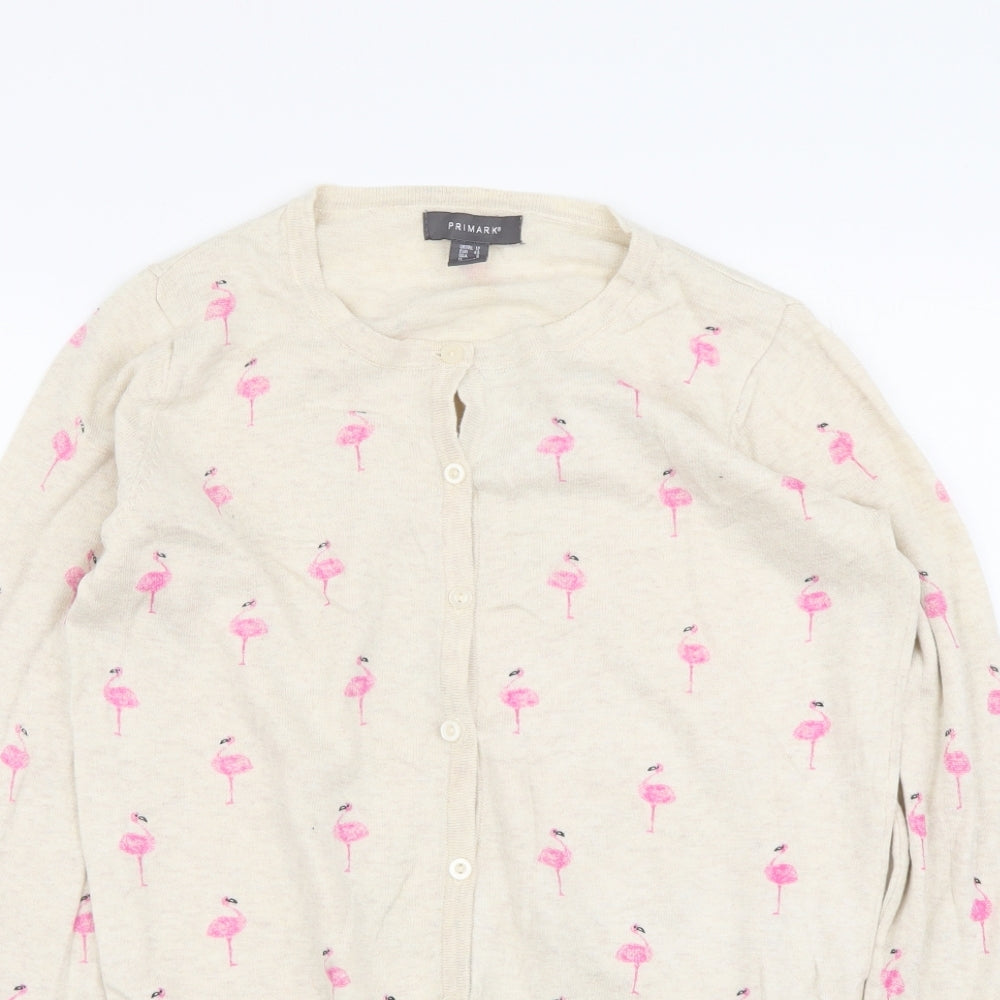 Primark Womens Beige Round Neck Geometric Cotton Cardigan Jumper Size 12 - Flamingo Print
