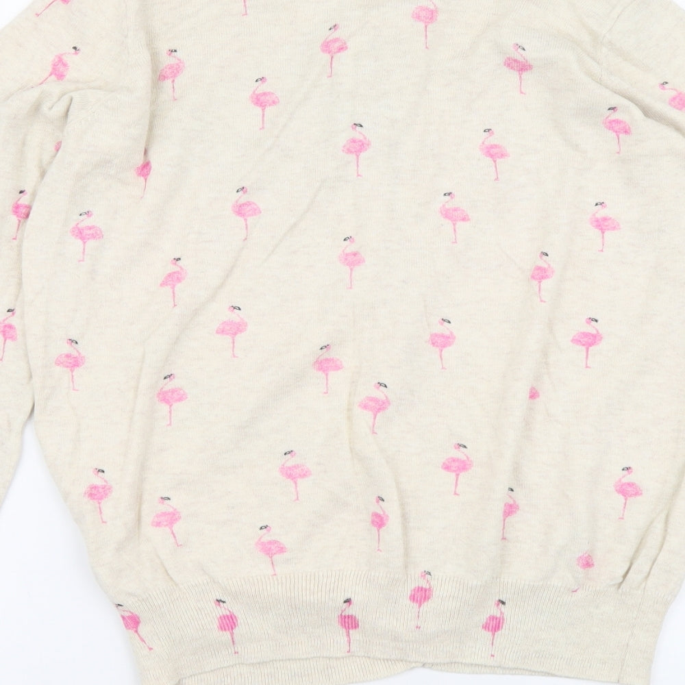 Primark Womens Beige Round Neck Geometric Cotton Cardigan Jumper Size 12 - Flamingo Print