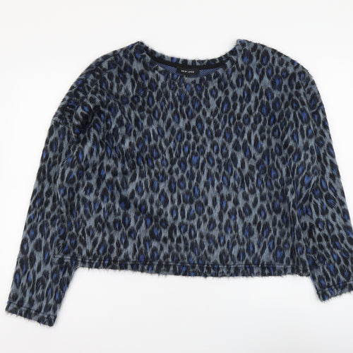 New Look Womens Blue Animal Print Acrylic Basic Blouse Size L Round Neck - Leopard pattern