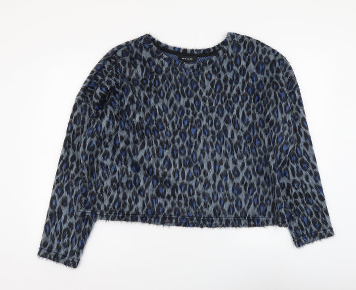 New Look Womens Blue Animal Print Acrylic Basic Blouse Size L Round Neck - Leopard pattern