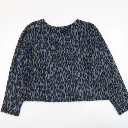 New Look Womens Blue Animal Print Acrylic Basic Blouse Size L Round Neck - Leopard pattern