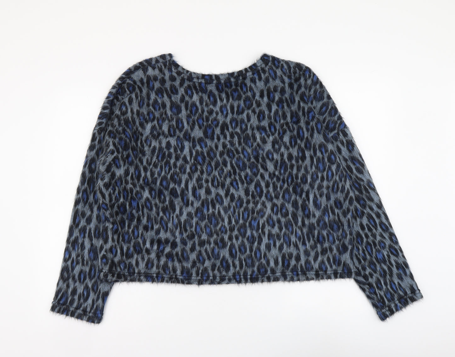 New Look Womens Blue Animal Print Acrylic Basic Blouse Size L Round Neck - Leopard pattern