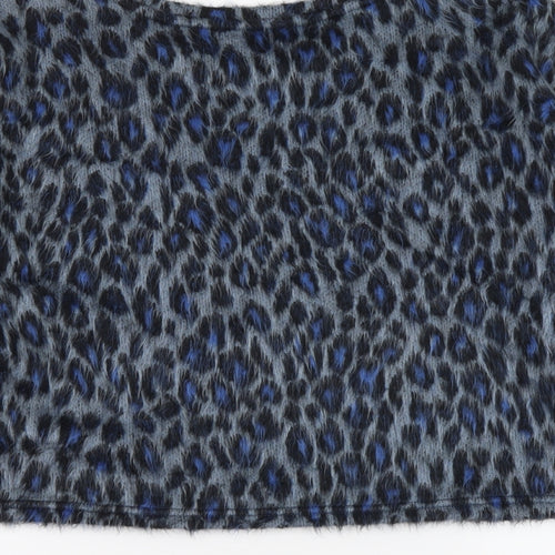 New Look Womens Blue Animal Print Acrylic Basic Blouse Size L Round Neck - Leopard pattern
