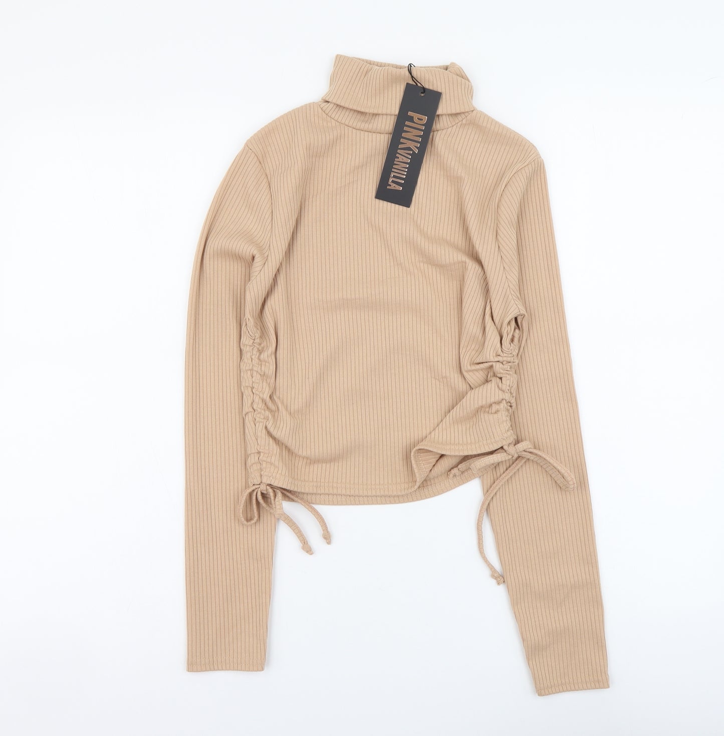 Pink Vanilla Womens Beige Polyester Cropped Blouse Size M Roll Neck