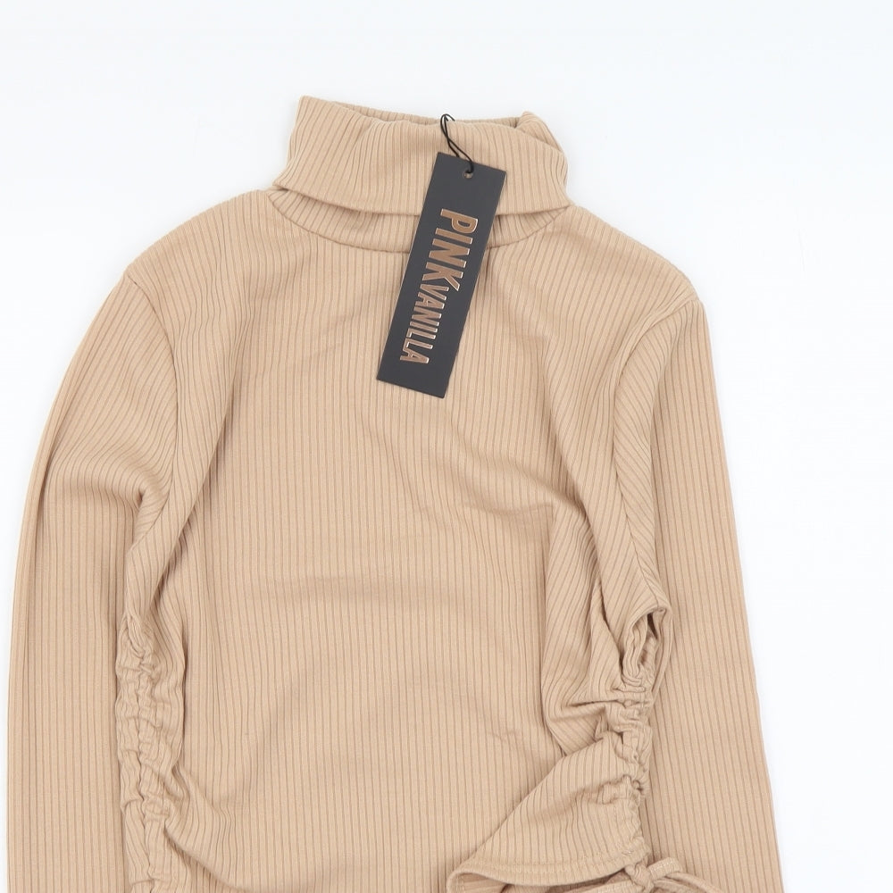 Pink Vanilla Womens Beige Polyester Cropped Blouse Size M Roll Neck