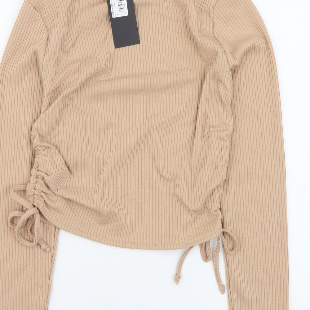 Pink Vanilla Womens Beige Polyester Cropped Blouse Size M Roll Neck