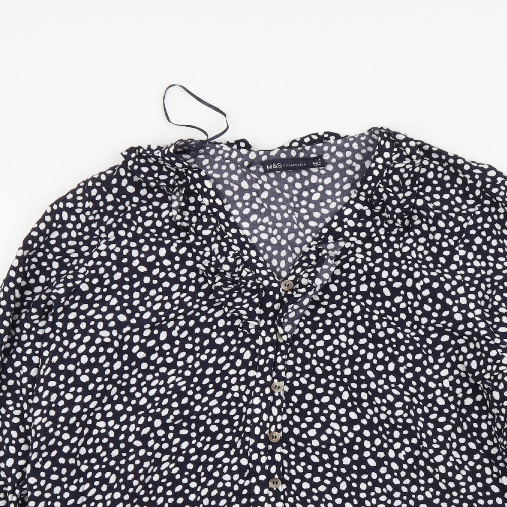 Marks and Spencer Womens Blue Geometric Viscose Basic Button-Up Size 10 V-Neck