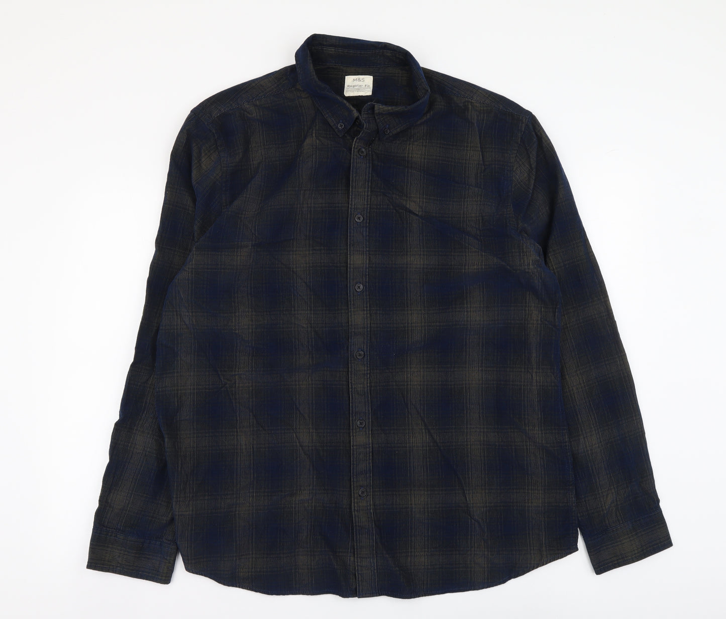 Marks and Spencer Mens Blue Plaid Cotton Button-Up Size XL Collared Button