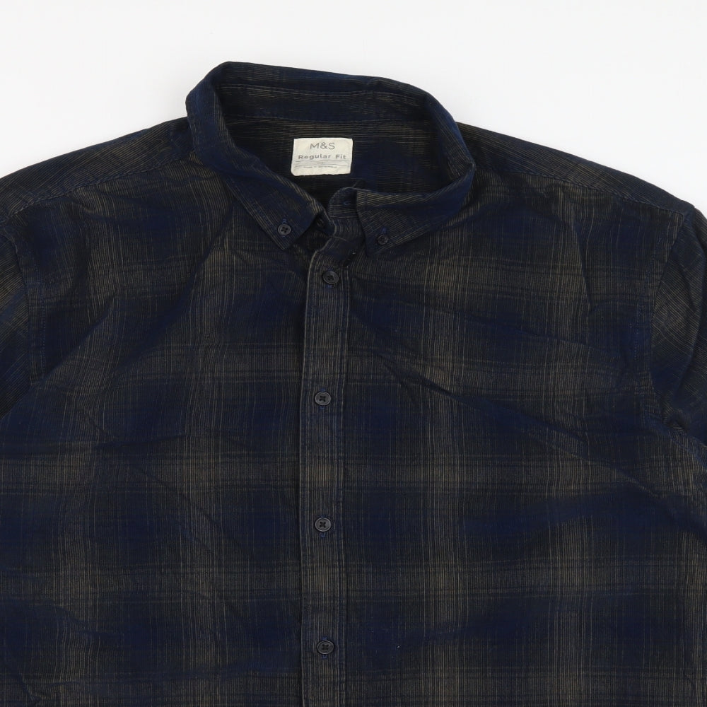 Marks and Spencer Mens Blue Plaid Cotton Button-Up Size XL Collared Button