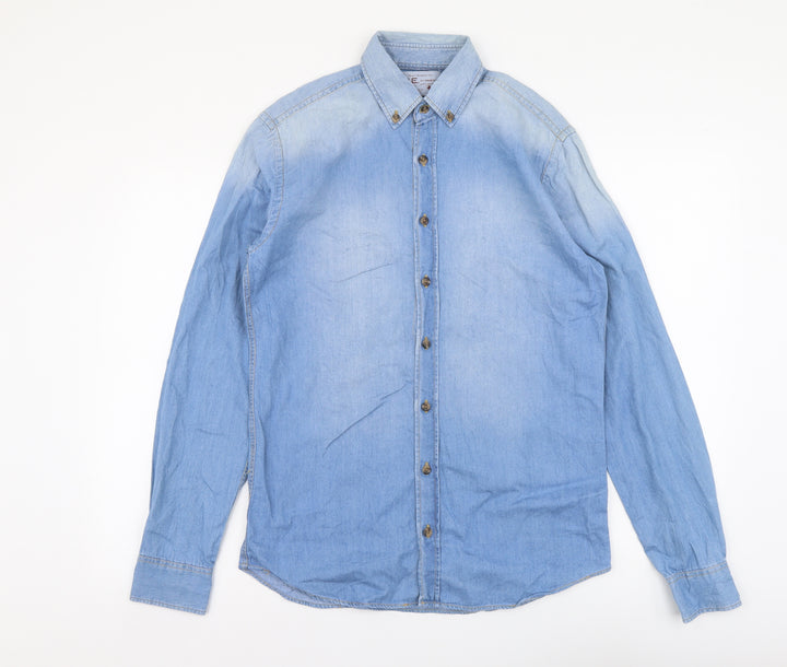 Mango Mens Blue Cotton Button-Up Size S Collared Button