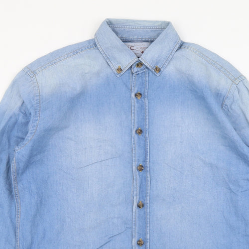 Mango Mens Blue Cotton Button-Up Size S Collared Button