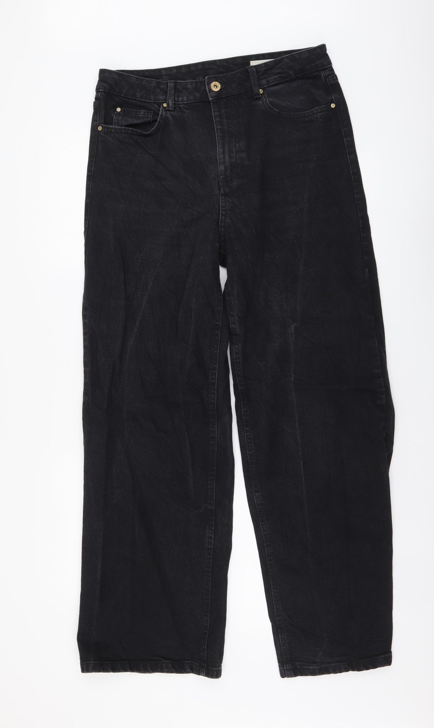 Marks and Spencer Womens Grey Cotton Wide-Leg Jeans Size 12 L29 in Regular Button