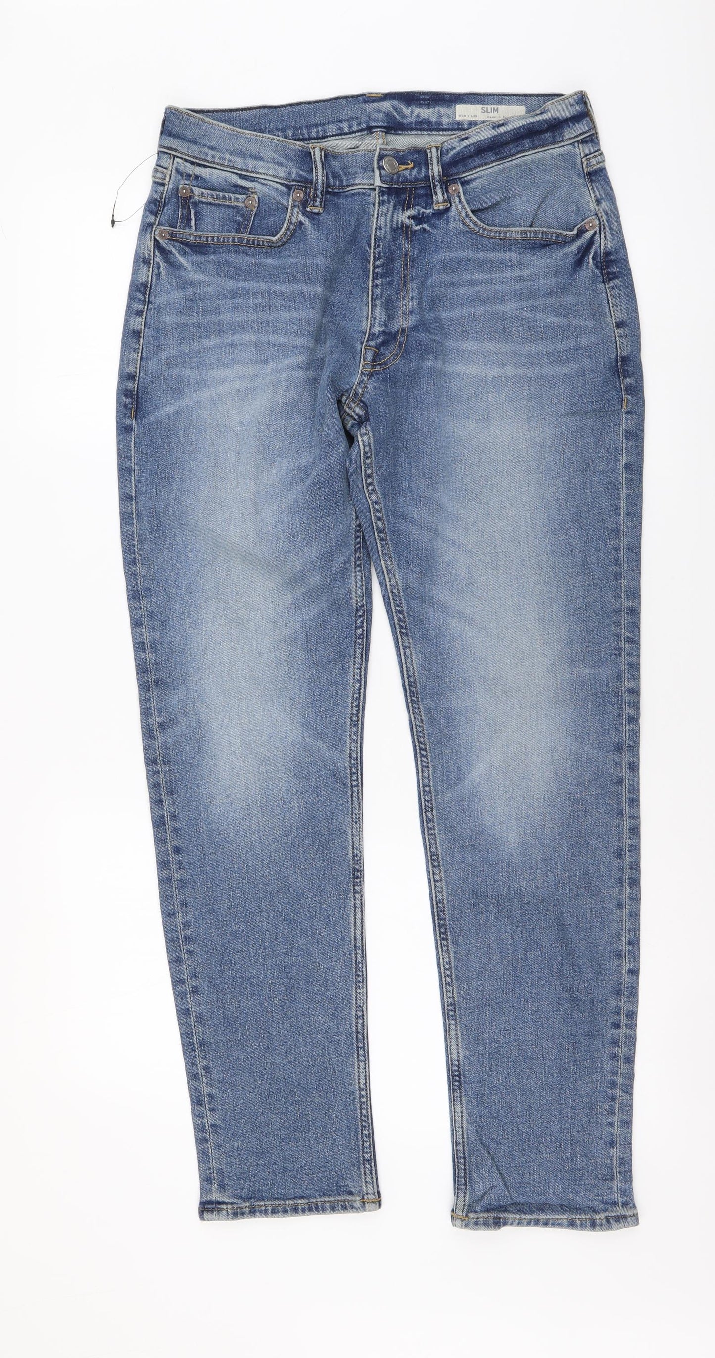 Marks and Spencer Mens Blue Cotton Straight Jeans Size 30 in L29 in Slim Button