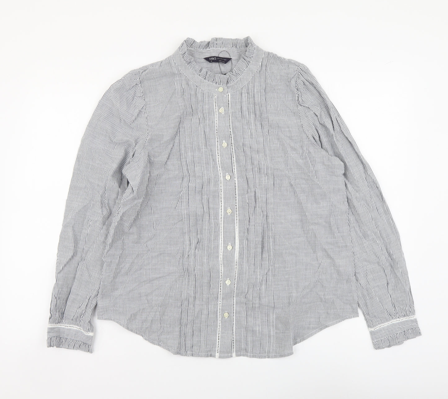 Marks and Spencer Womens Grey Striped Cotton Basic Button-Up Size 12 Round Neck