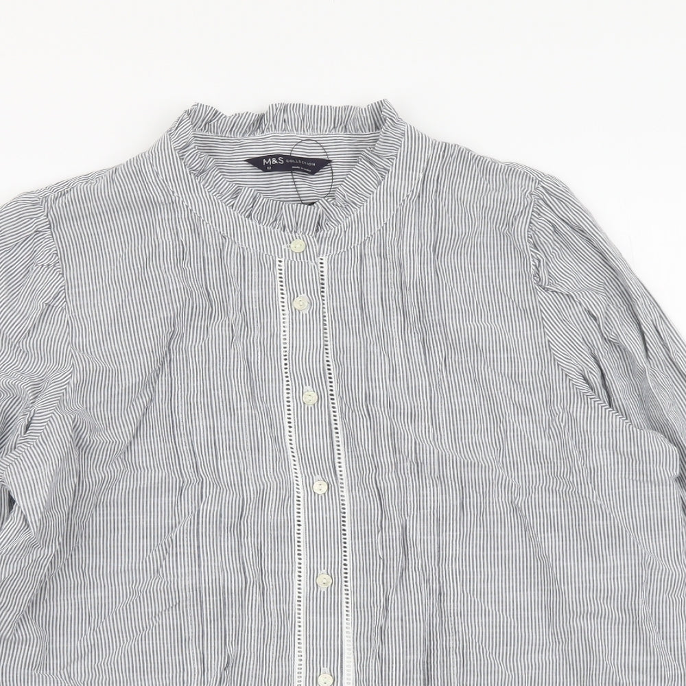 Marks and Spencer Womens Grey Striped Cotton Basic Button-Up Size 12 Round Neck