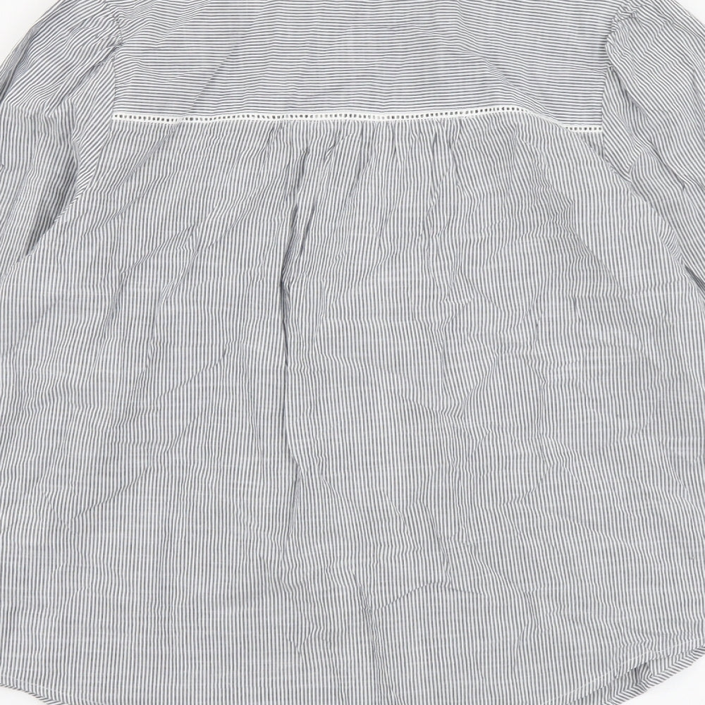 Marks and Spencer Womens Grey Striped Cotton Basic Button-Up Size 12 Round Neck