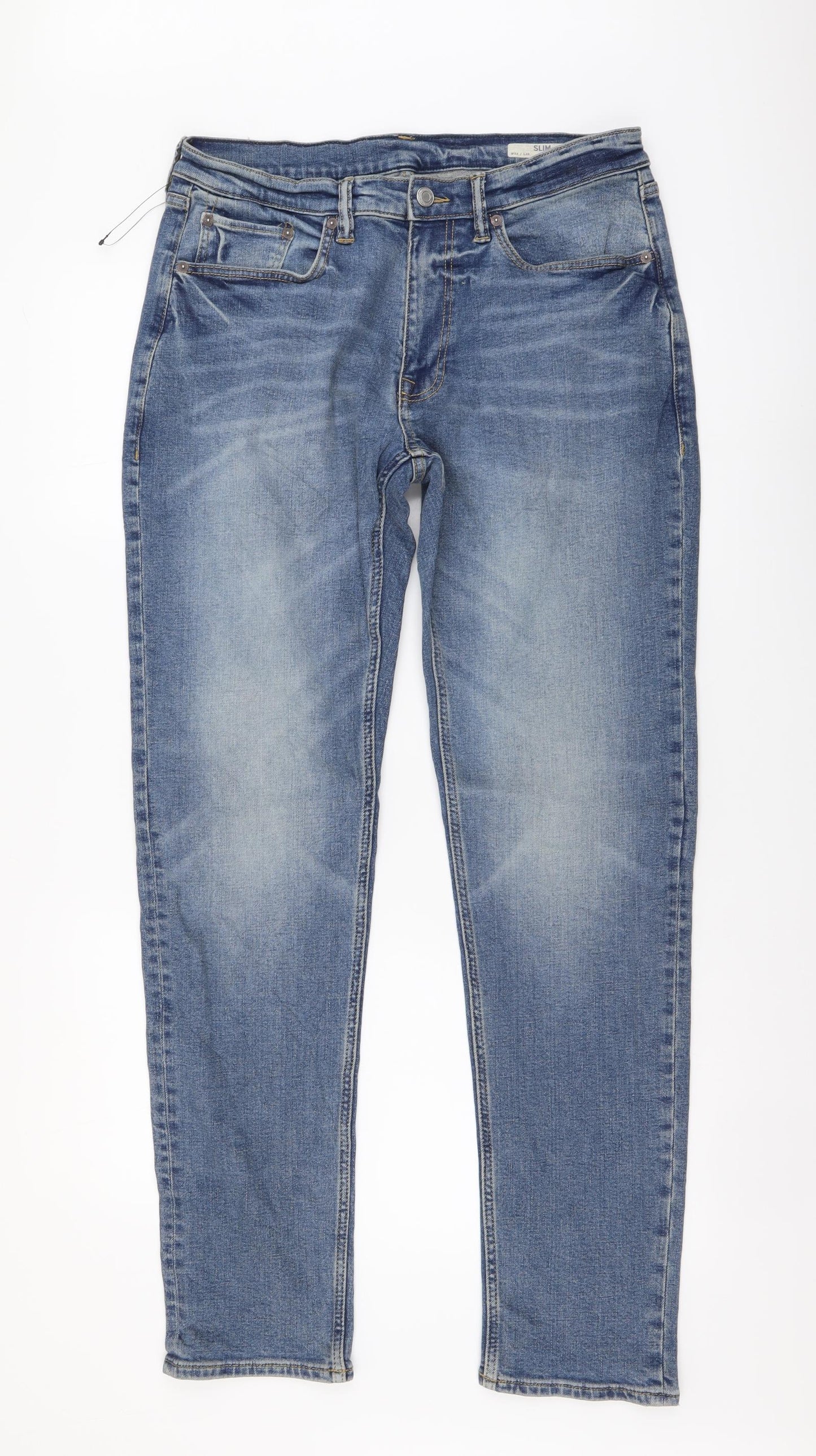 Marks and Spencer Mens Blue Cotton Straight Jeans Size 32 in L33 in Slim Button