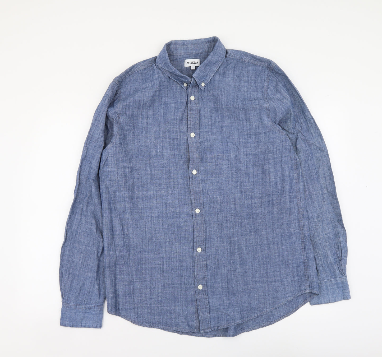 Weekday Mens Blue Cotton Button-Up Size M Collared Button