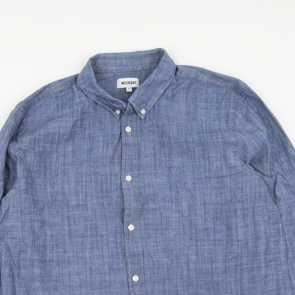 Weekday Mens Blue Cotton Button-Up Size M Collared Button