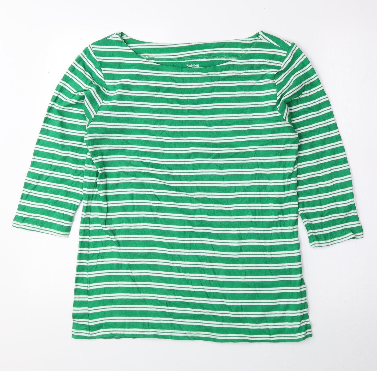 Nutmeg Womens Green Striped Cotton Basic Blouse Size 16 Boat Neck