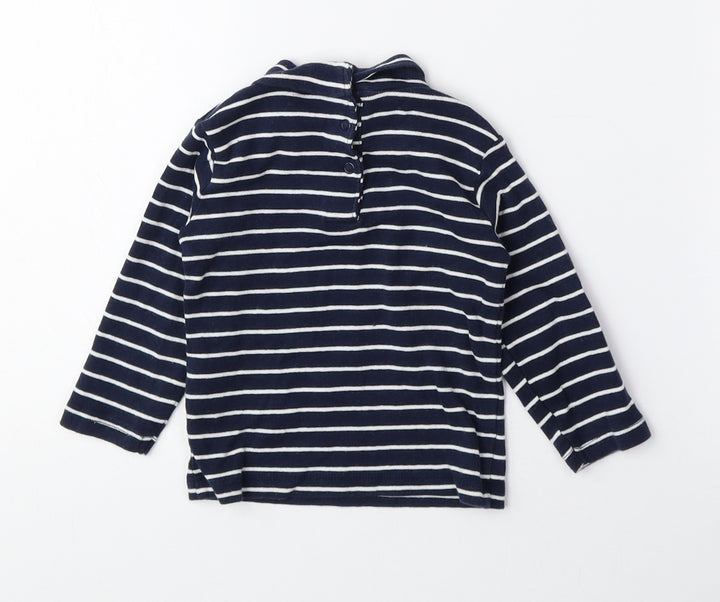 Vertbaudet Blue Striped 100% Cotton Basic T-Shirt Size 6-9 Months Roll Neck Snap