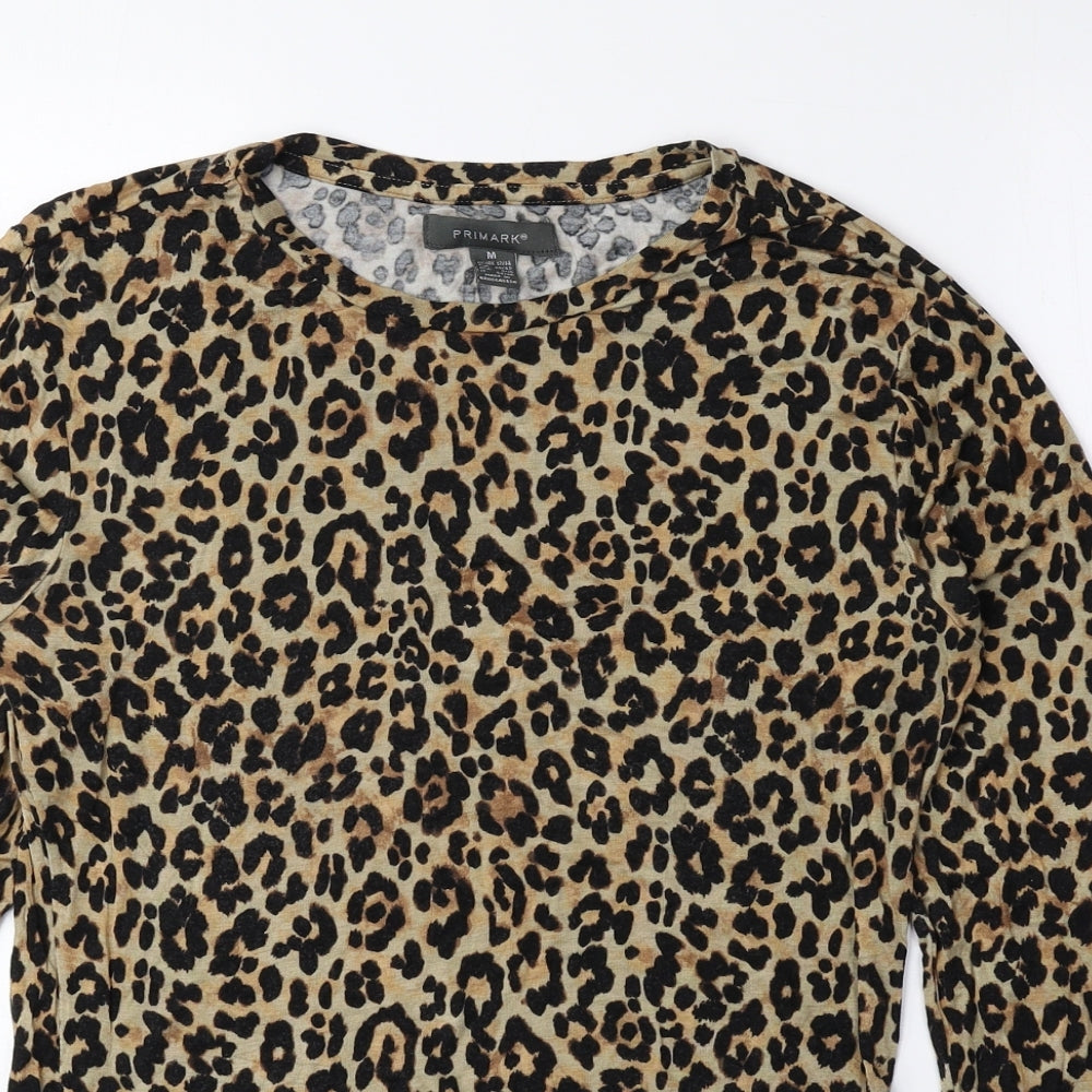 Primark Womens Brown Animal Print Viscose Basic Blouse Size M Round Neck - Cheetah Print