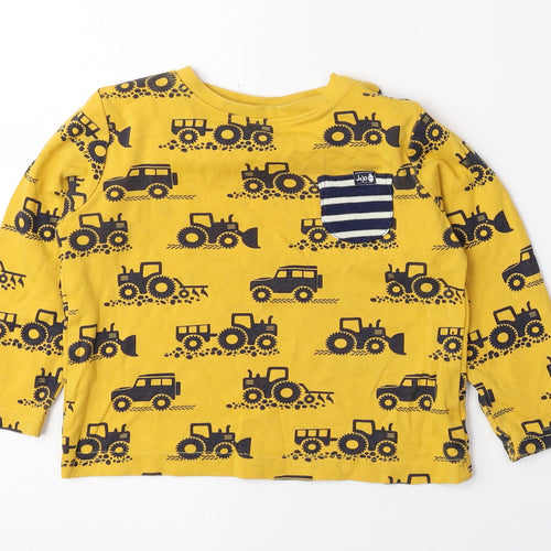 JoJo Maman Bébé Boys Yellow Geometric 100% Cotton Pullover T-Shirt Size 2-3 Years Round Neck Button