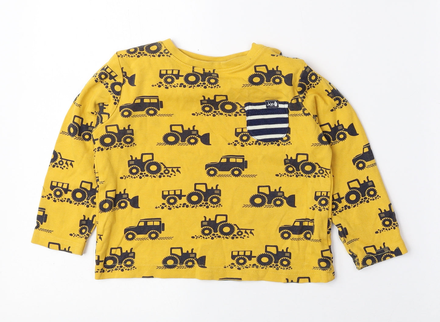 JoJo Maman Bébé Boys Yellow Geometric 100% Cotton Pullover T-Shirt Size 2-3 Years Round Neck Button