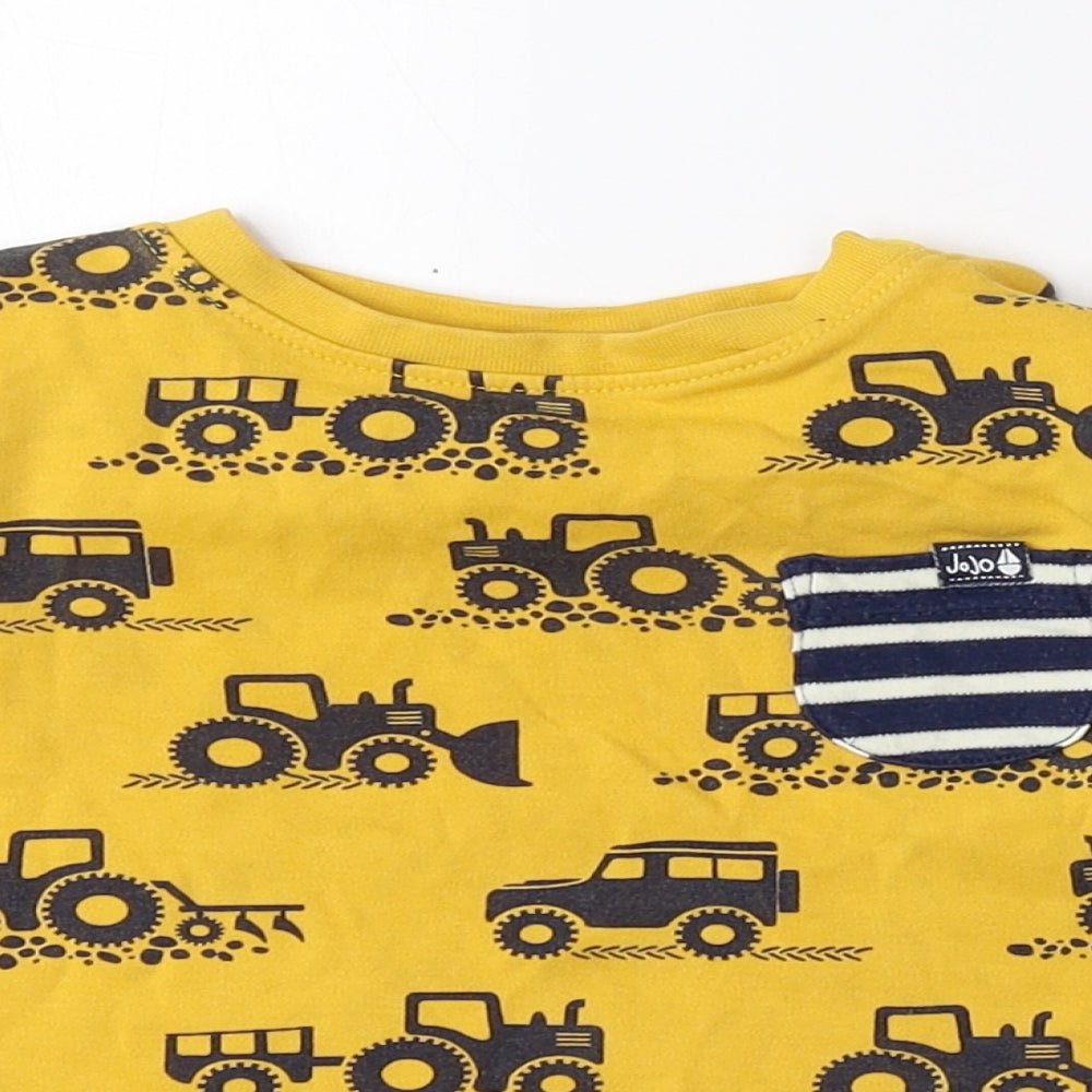 JoJo Maman Bébé Boys Yellow Geometric 100% Cotton Pullover T-Shirt Size 2-3 Years Round Neck Button
