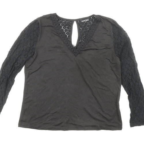 Shien Womens Black Polyester Basic Blouse Size M V-Neck - Lace Detail
