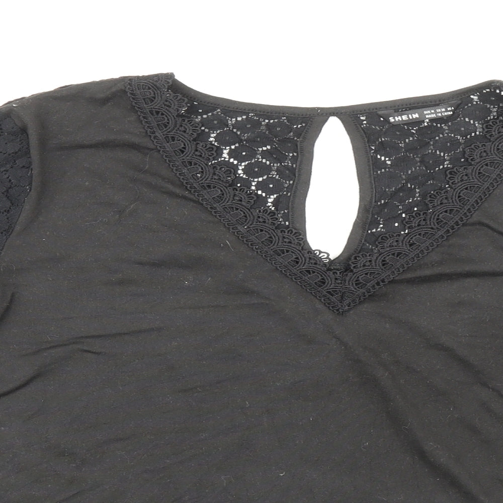Shien Womens Black Polyester Basic Blouse Size M V-Neck - Lace Detail