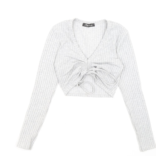 Stylewise Womens Grey V-Neck Polyester Pullover Jumper Size S - Ribbed fabric Ruched