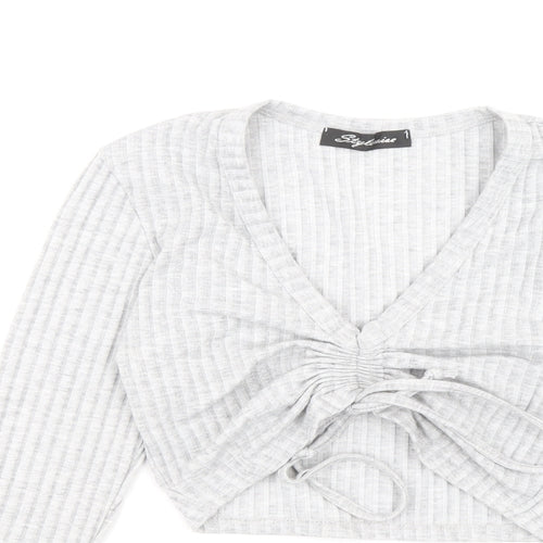 Stylewise Womens Grey V-Neck Polyester Pullover Jumper Size S - Ribbed fabric Ruched