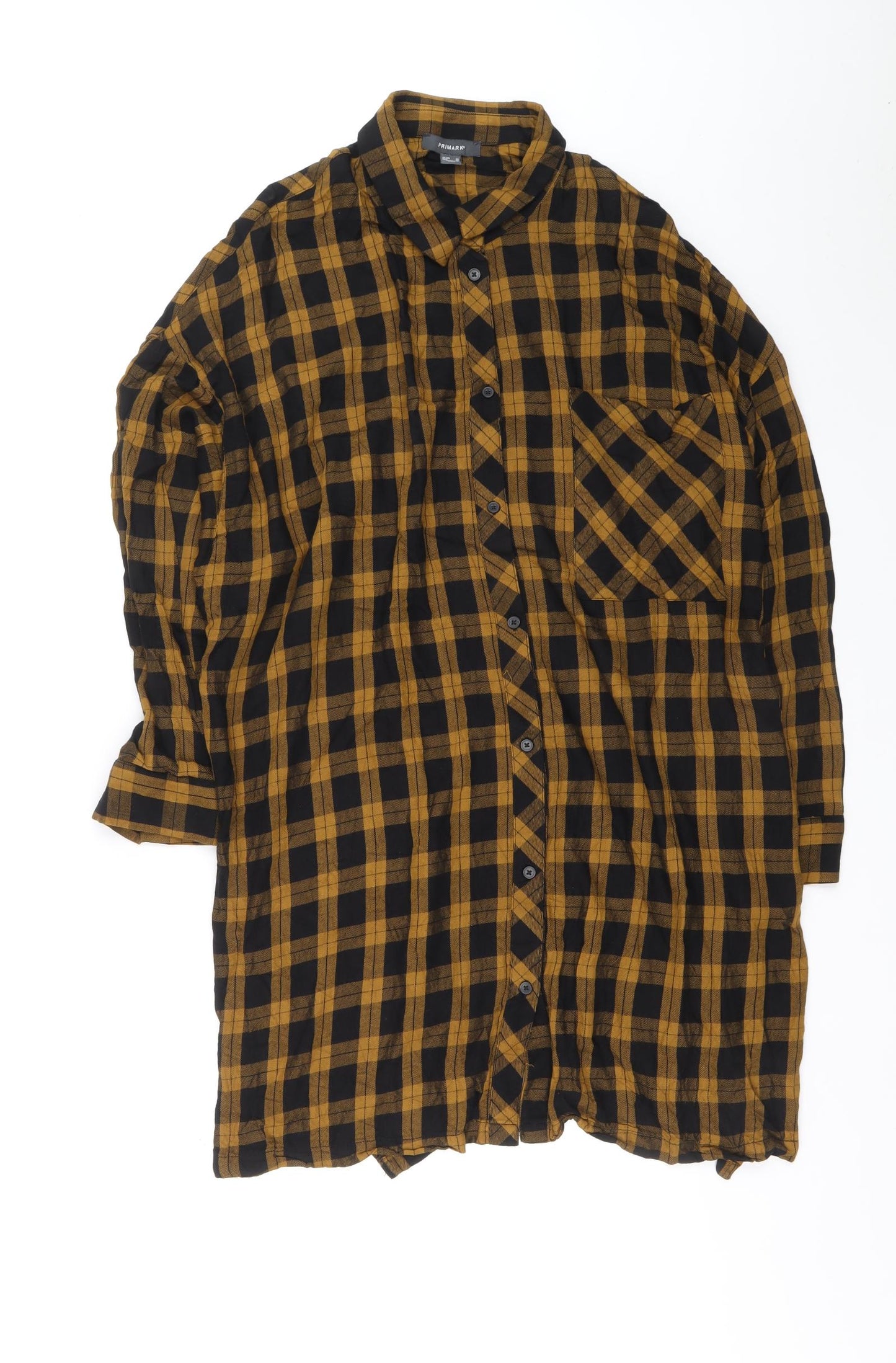 Primark Womens Yellow Plaid Viscose Shirt Dress Size 20 Collared Button