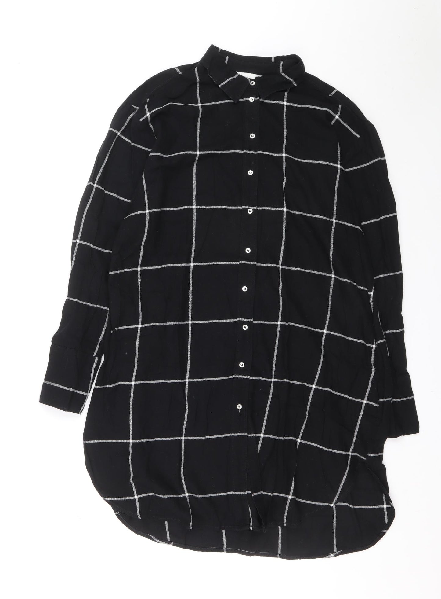 H&M Womens Black Check Polyester Shirt Dress Size 34 Collared Button