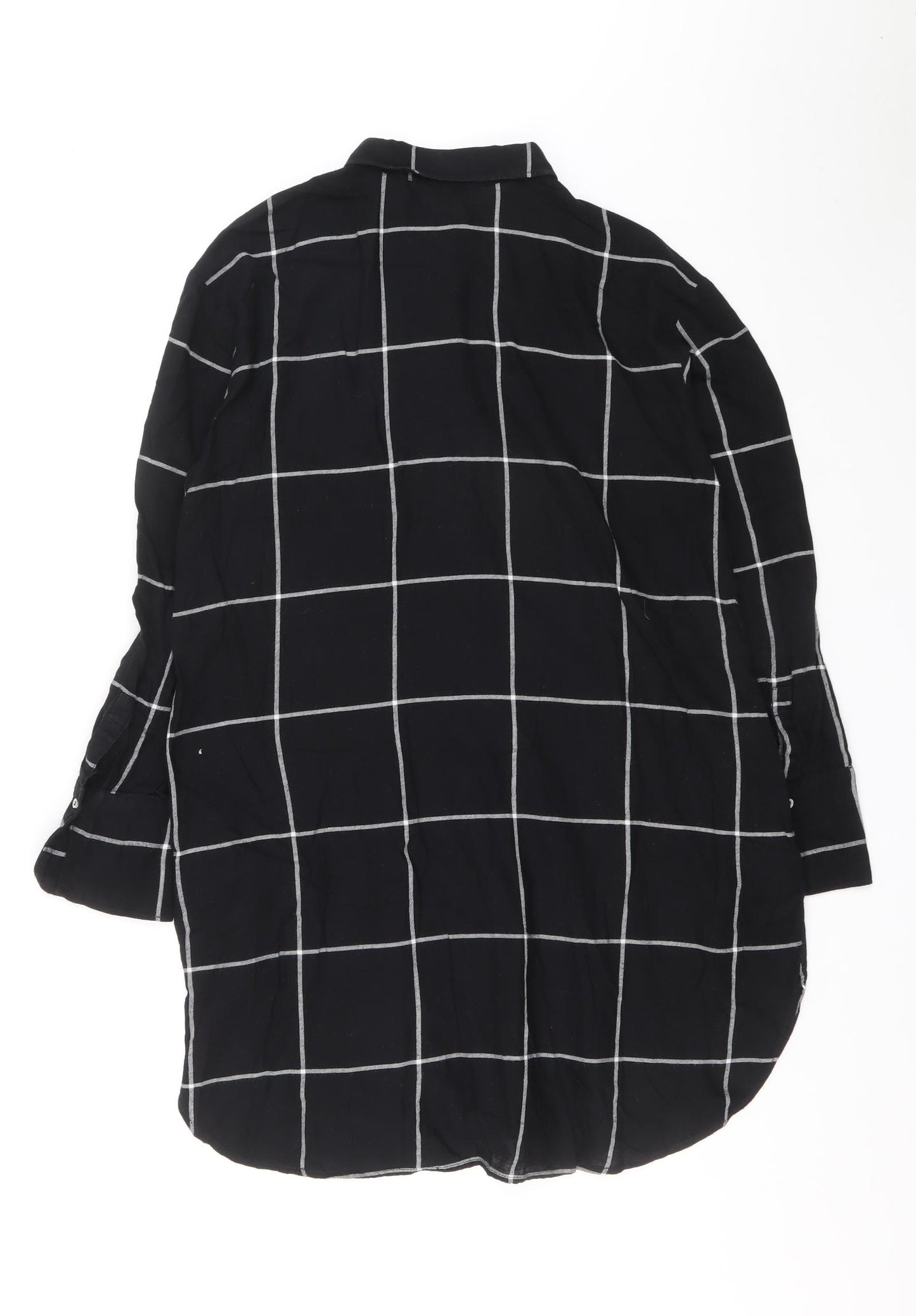 H&M Womens Black Check Polyester Shirt Dress Size 34 Collared Button