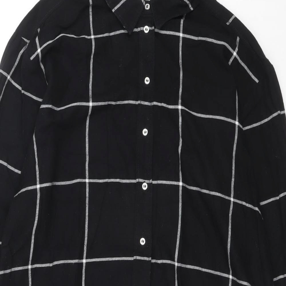 H&M Womens Black Check Polyester Shirt Dress Size 34 Collared Button