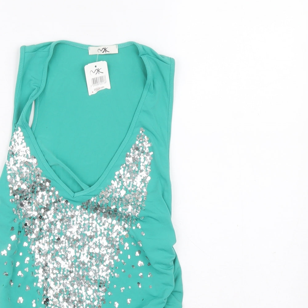 MK Womens Blue Polyester Basic Tank V-Neck - Sequin design