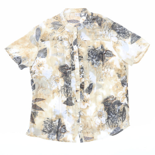 Preworn Womens Beige Floral Polyester Basic Button-Up Size 16 Mock Neck