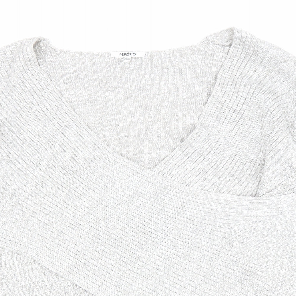 PEP&CO Womens Grey V-Neck Acrylic Pullover Jumper Size 12