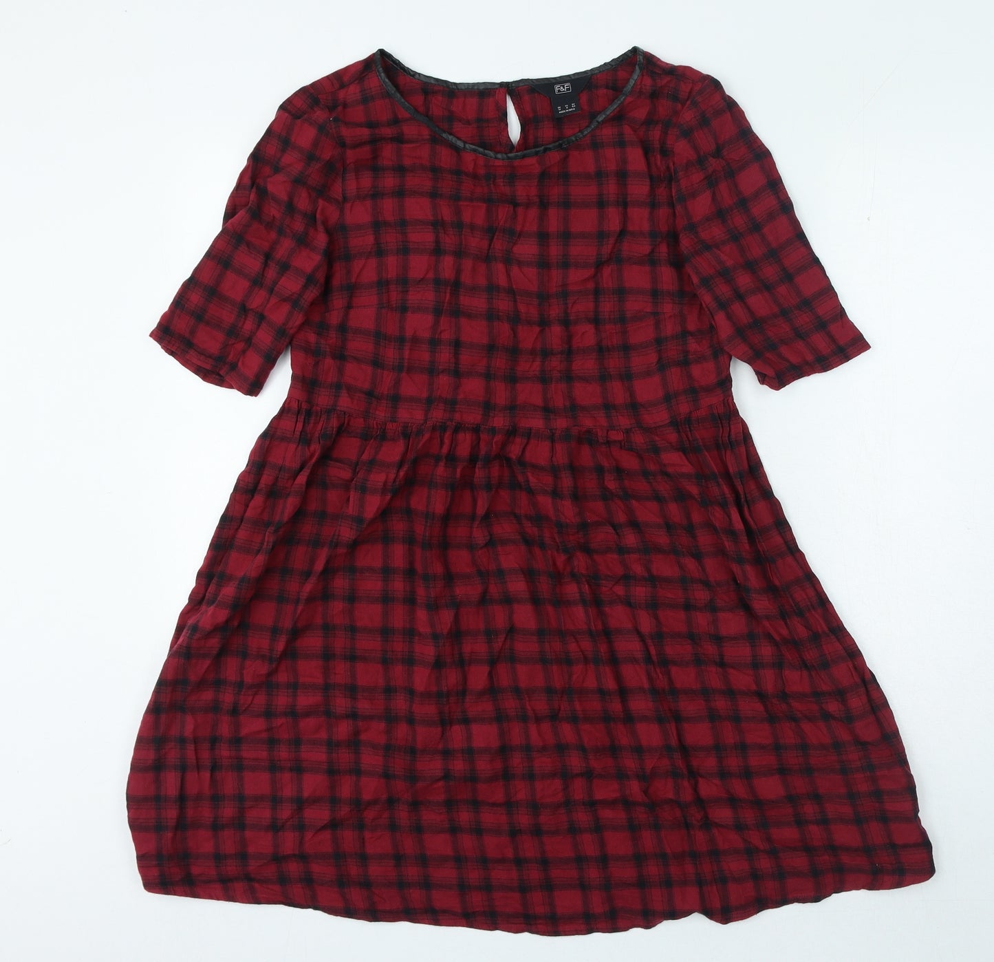 Primark Womens Red Gingham 100% Cotton Skater Dress Size 12 Round Neck Button