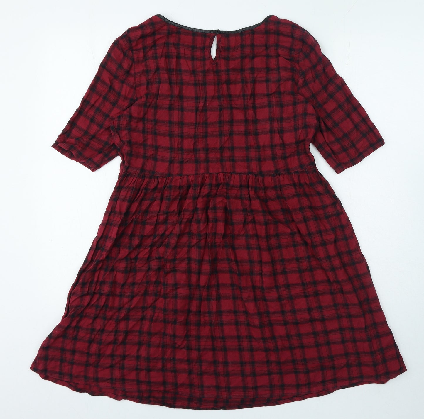 Primark Womens Red Gingham 100% Cotton Skater Dress Size 12 Round Neck Button