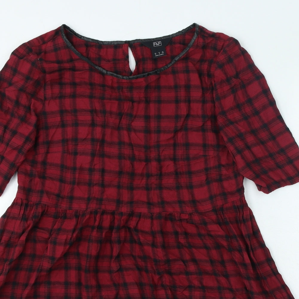 Primark Womens Red Gingham 100% Cotton Skater Dress Size 12 Round Neck Button