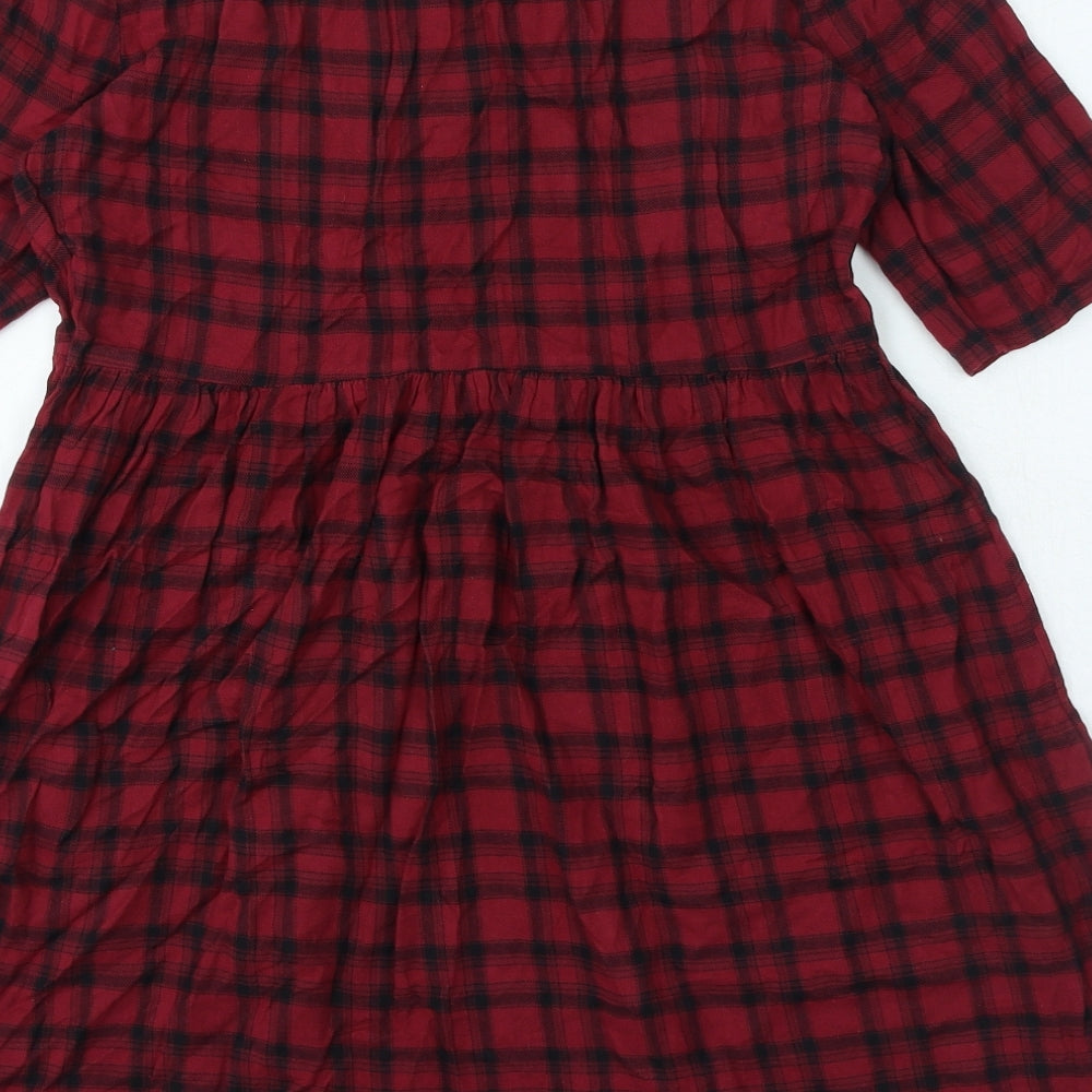 Primark Womens Red Gingham 100% Cotton Skater Dress Size 12 Round Neck Button