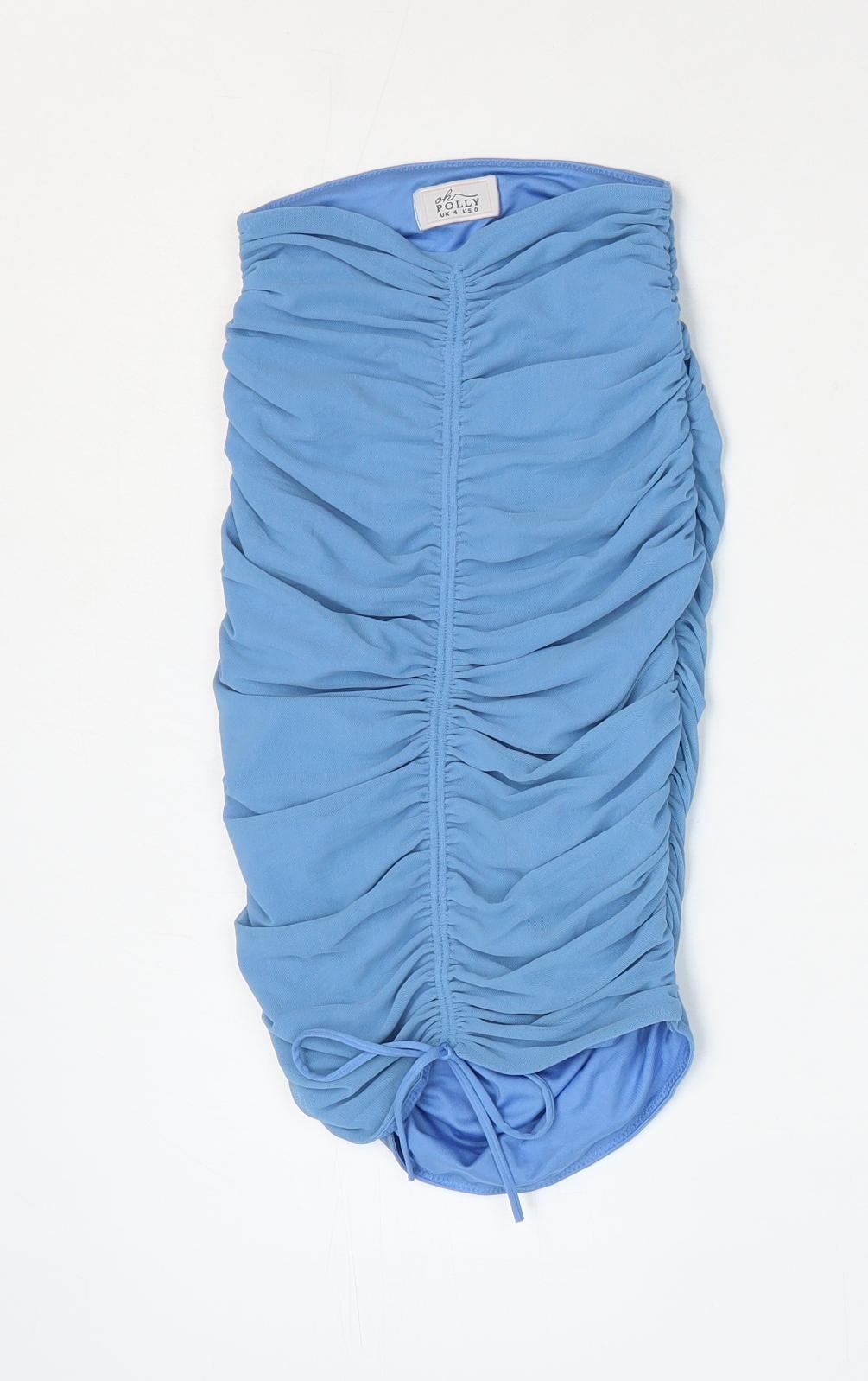 Oh Polly Womens Blue Nylon Straight & Pencil Skirt Size 4 Tie - Ruched