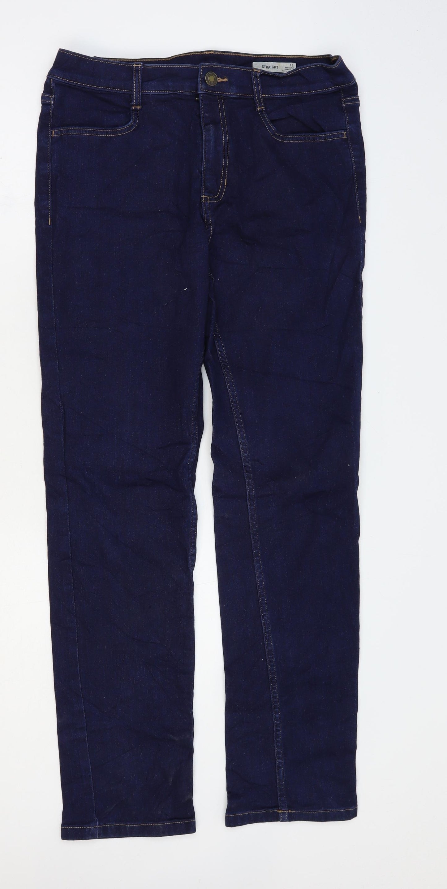 Marks and Spencer Womens Blue Cotton Straight Jeans Size 12 L29 in Regular Zip