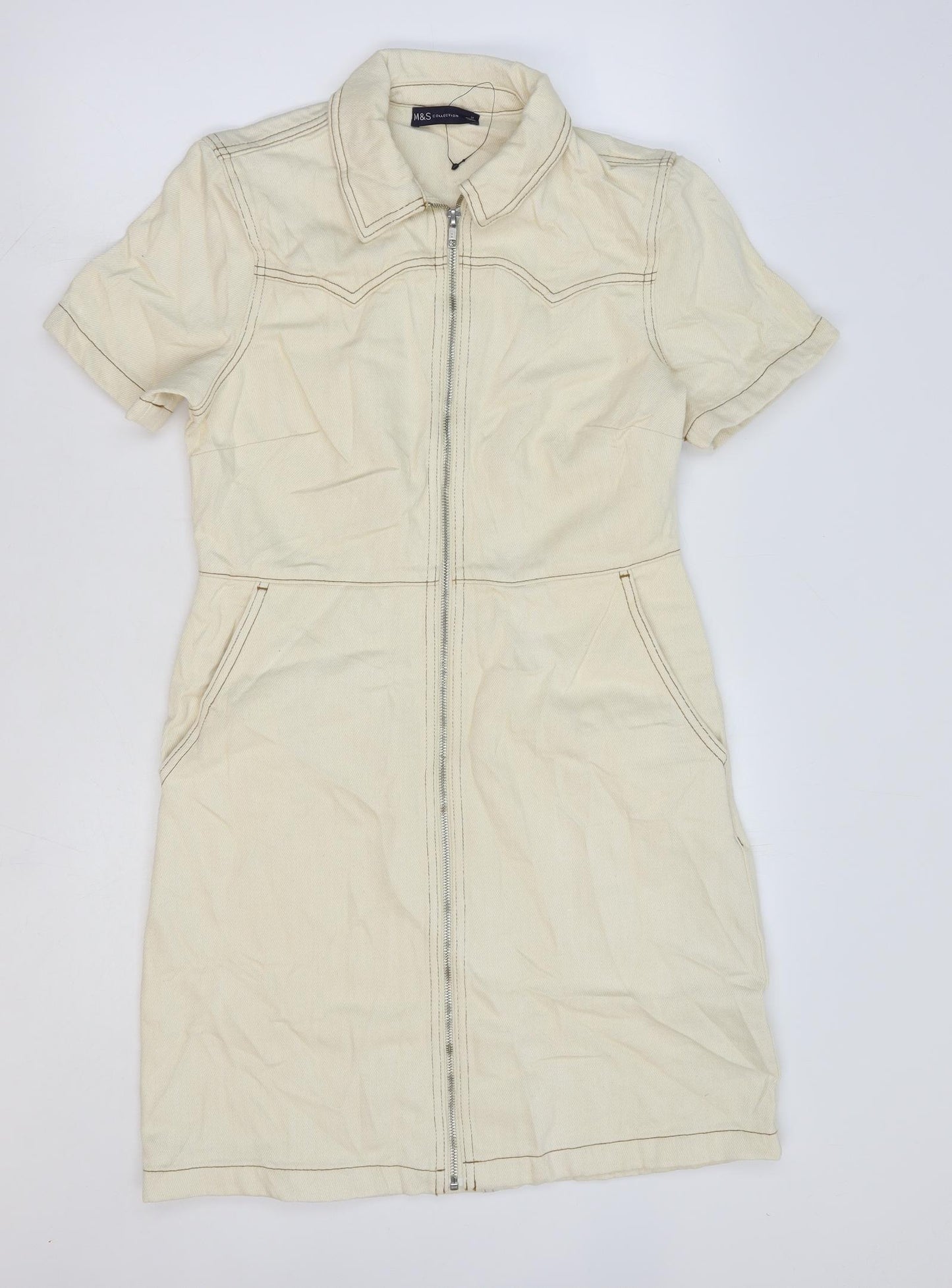 Marks and Spencer Womens Beige 100% Cotton A-Line Size 10 Collared Zip