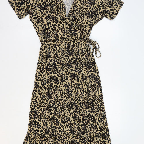 Marks and Spencer Womens Brown Animal Print Viscose Wrap Dress Size 12 V-Neck Tie - Faux Wrap Leopard Print