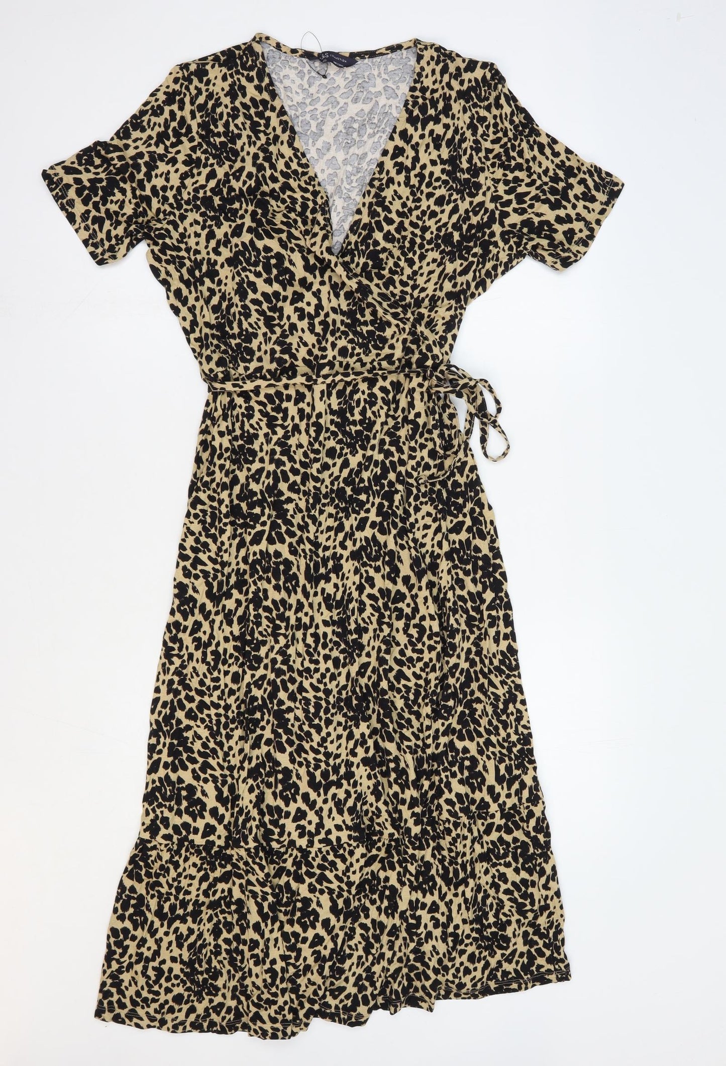 Marks and Spencer Womens Brown Animal Print Viscose Wrap Dress Size 12 V-Neck Tie - Faux Wrap Leopard Print