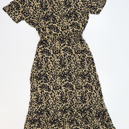 Marks and Spencer Womens Brown Animal Print Viscose Wrap Dress Size 12 V-Neck Tie - Faux Wrap Leopard Print